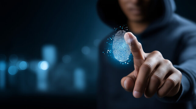 Cybersecurity threat concept faceless hacker using fingerprint access password data showing digital identity protection online security internet privacy risk cyber danger - Powered by Adobe