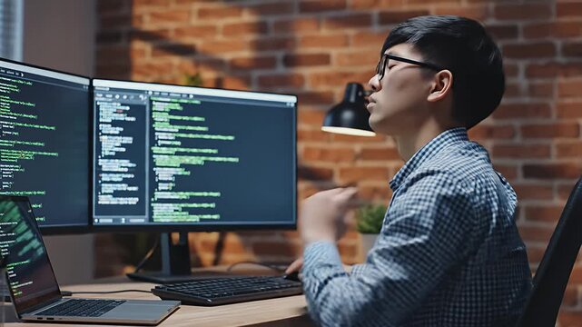 4K Video of a Young Asian Man Coding on Multiple Computer Screens in a Modern Office Environment