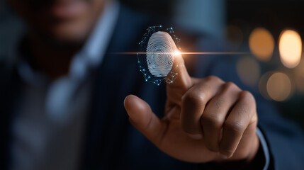 Cybersecurity threat concept faceless hacker using fingerprint access password data showing digital identity protection online security internet privacy risk cyber danger