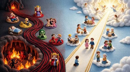 Fototapeta premium Knitted representation of heaven and hell, depicting spiritual path choice between good and evil for childrens religious education concept.