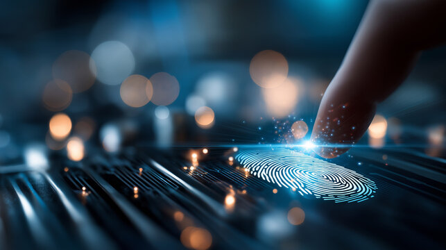 Fingerprint integrated printed circuit releasing binary codes digital security biometric technology cyber encryption data protection technological authentication defocused - Powered by Adobe