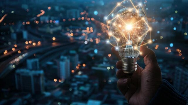 Hand holding a light bulb with city lights in background. Idea symbolization concept