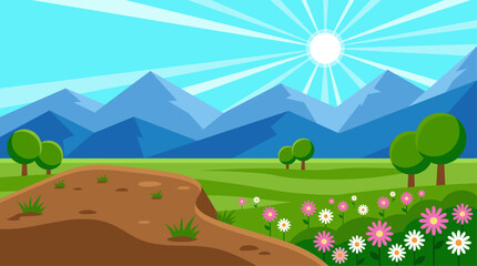 Fototapeta premium Flat Design Vector Illustration of a Sunny Mountain Landscape with Flowers and Green Meadow