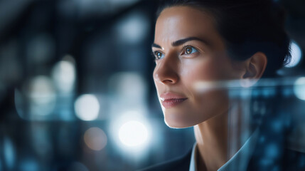 Face scanning businesswoman defocused office double exposure information screen biometric identification facial recognition cyber security technological authentication with