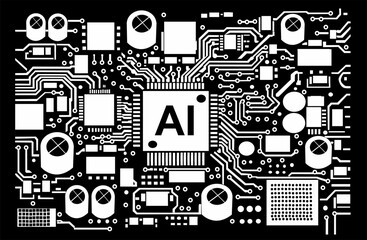 Vector illustration of an artificial intelligence microchip surrounded by electronic circuit elements. Futuristic technology concept representing AI, machine learning, and digital computing.