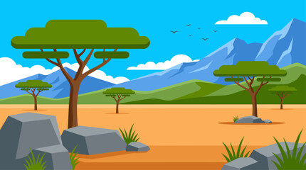 Obraz premium African Savanna Landscape With Acacia Trees and Mountains Flat Design Vector Illustration