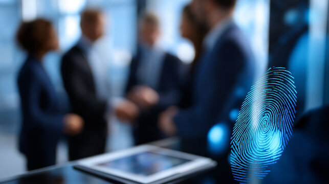 Group faceless professionals engaged business meeting discussing cybersecurity innovations digital fingerprint symbolizes advanced security technology modern workspace - Powered by Adobe