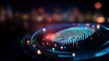 Futuristic digital processing biometric identification fingerprint scanner access personal financial data surveillance security scanning digital programs cyber futuristic