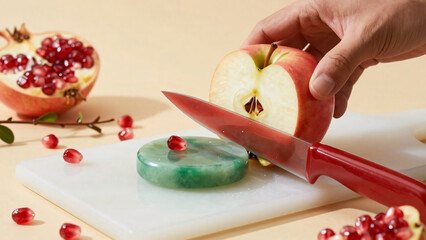 A person is slicing a fresh organic red apple into juicy ripe pieces on a white plate for a healthy vegetarian snack or delicious fruit dessert