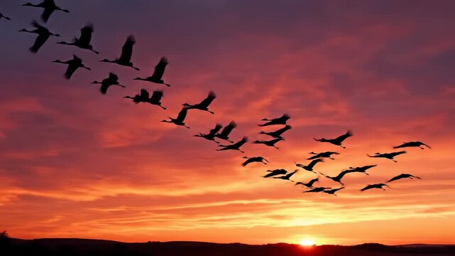 Migrating birds silhouetted across fiery sunset sky.