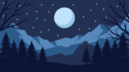 Fototapeta premium Flat Design Vector Illustration of a Night Mountain Landscape with Moon and Stars