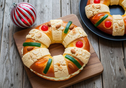 Traditional mexican rosca de reyes bread on a wooden table with christmas ornament