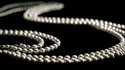 luster. A single strand of pearls arranged in curves on black velvet with soft lighting. lifestyle magazines, social media lookbooks, designed for lifestyle magazines and social media content.
