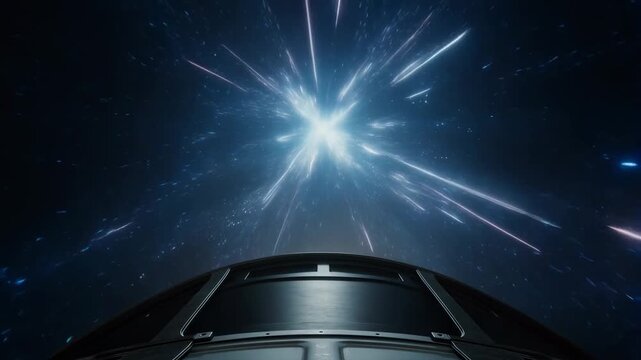 Spaceship travels faster than light through vibrant galaxy with asteroids passing by