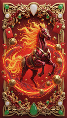 Fototapeta premium Ornate 3D Chinese New Year illustration featuring a majestic golden horse in motion, surrounded by traditional symbols like red lanterns, gold coins, and lucky envelopes on a rich burgundy background 