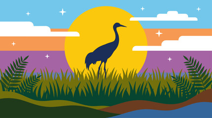 Obraz premium Crane Bird Silhouette in Marsh at Sunset Vector Illustration Flat Design Minimalist Nature Scene