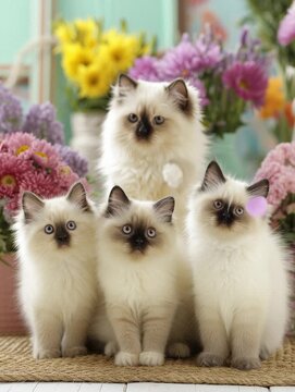 Lively springtime portrait with multiple Himalayan cats surrounded by flowers in a bright room