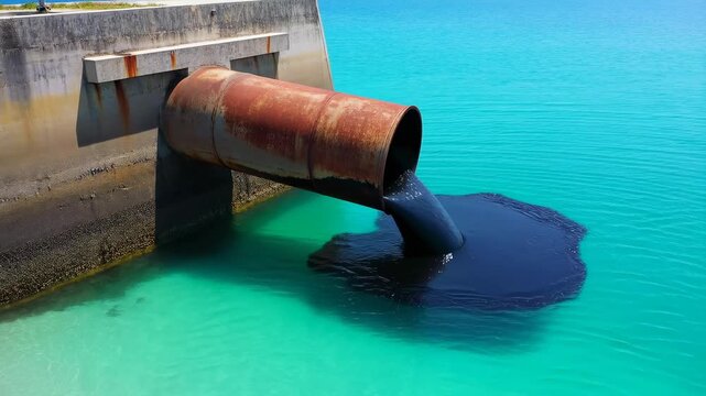 Rusty pipe discharges dark liquid into vibrant turquoise ocean creating pollution contrast