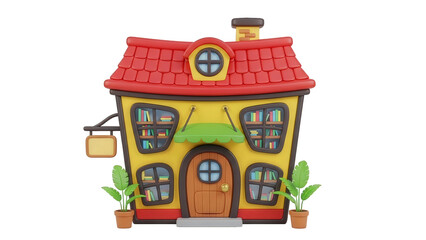 Whimsical Cartoon Bookstore Building with Plants