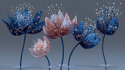 Abstract Glowing Glass Flowers with Light Particles and Elegant Floral Design