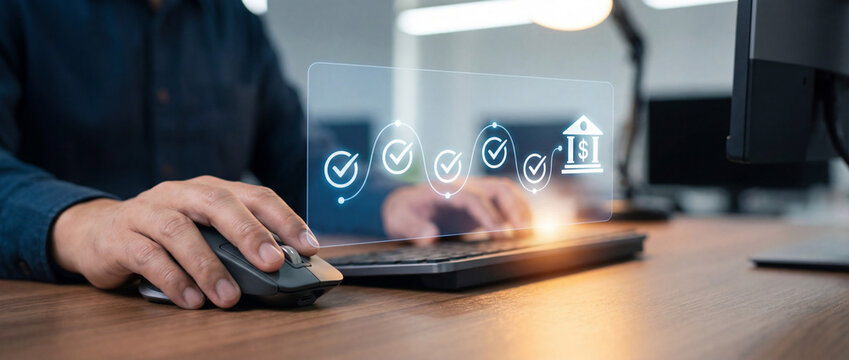 Secure banking workflow on computer with holographic checkmarks and bank icon. Business user verifying digital transactions and compliance. - Powered by Adobe