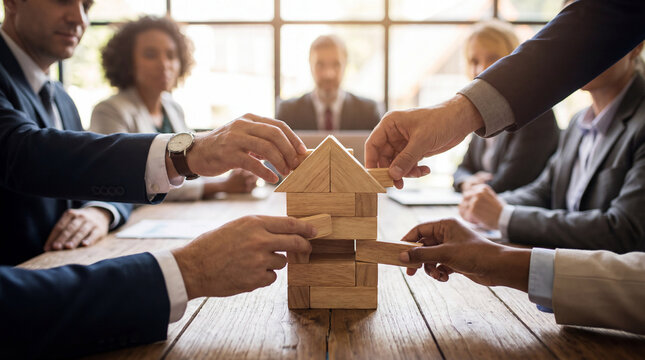 Business team building house model from wooden blocks in meeting, concept of teamwork, real estate planning, mortgage, insurance and investment strategy.
