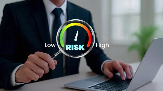 4k video clip of Risk assessment concept. Businesswoman holding gauge meter with risk level indicator, symbolizing risk management, financial analysis, strategic decision-making, business