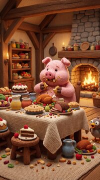 Knitted pig character indulging in a grand feast at a rustic table, depicting gluttony, one of the seven deadly sins for children moral lesson.