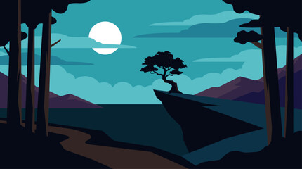 Obraz premium Vector Illustration of a Moonlit Night Landscape with Cliff Tree and Flat Design Mountains