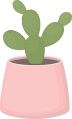 Cute cactus in pink pot isolated on white background. Illustration with green houseplant 	