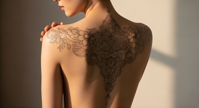 Woman's back tattoo decorative and artistic depiction.