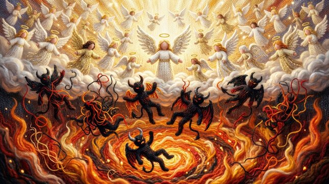 Angel and devil knitted figures in heaven and hell scene for biblical story, Christian theme, or Halloween kids educational material.