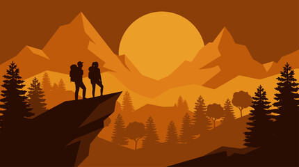 Minimalist Illustration of Couple Hiking in Mountain Forest Flat Design Vector