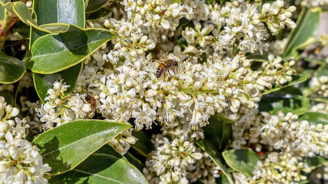 privet. Dense privet shrub blooming with tiny white flowers, bees collecting nectar. gardening catalogs, home-decor guides, designed for gardening and botanical catalogs, enhances decor appeal.