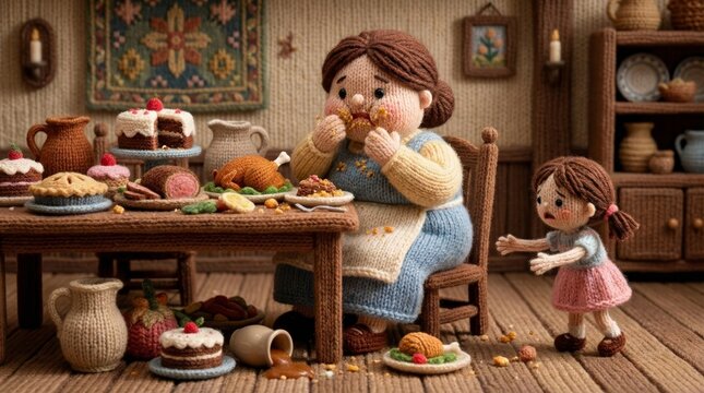 Woman glUTTONOUSLY eating many dishes at a table while a child watches her. Gluttony as a deadly sin concept for childrens biblical stories.