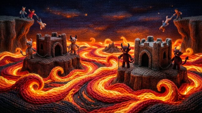 Knitted hell scene with devil figures and souls falling into a lava river. Biblical Christian story for child, representation of eternal punishment concept.