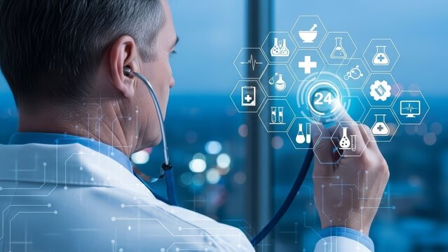 Doctor holding a stethoscope, connected to a digital display of various medical icons, representing healthcare innovation. - Powered by Adobe
