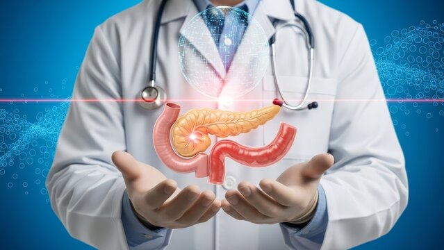 Doctor in a white coat and stethoscope holds hands open under a glowing holographic representation of the human digestive system.