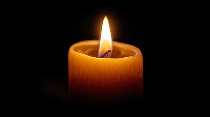 A single candle flame glowing in the dark with warm orange light and textured wax.