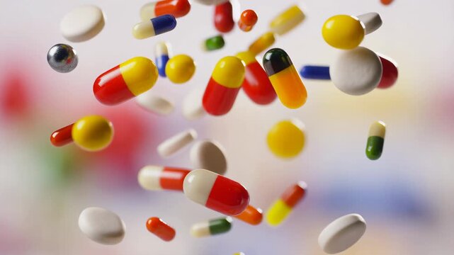 Colorful capsules and tablets falling in slow motion against blurred background