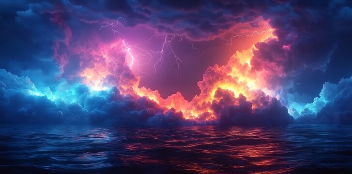 Dramatic stormy sky with lightning over dark ocean waves thunder clouds