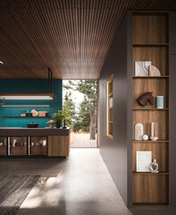 Modern luxury kitchen interior in minimal scandinavian style, 3d render © Yulia