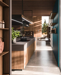 Modern luxury kitchen interior in minimal scandinavian style, 3d render © Yulia