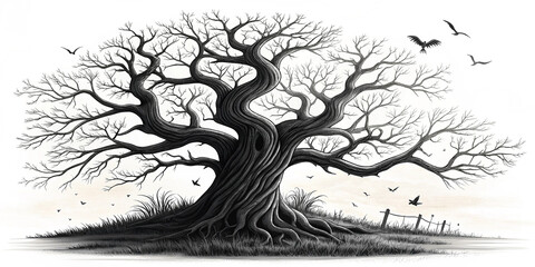 A vector Halloween illustration against white background with a twisted creepy tree thick gnarled trunk splits into branches.