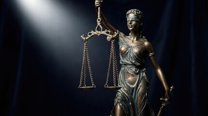 Lady Justice Statue With Scales And Sword On Dark Blue Background With Spotlight