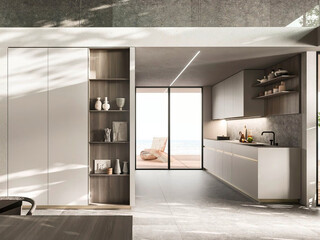 Modern luxury kitchen interior in minimal scandinavian style, 3d render © Yulia