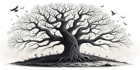 A vector Halloween illustration against white background with a twisted creepy tree thick gnarled trunk splits into branches.