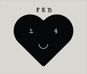 Heart with 14 february inscription. Black and white trendy valentine vector illustration.