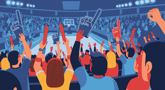 Excited crowd cheering at a sports event in a packed stadium from behind