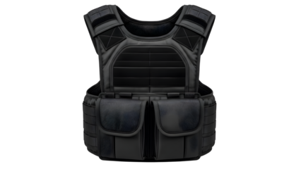 Black tactical bulletproof vest with molle system isolated on transparent background